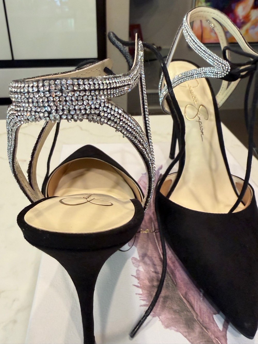 🆕 Jessica Simpson Black Suede Pointed Toe Rhinestone Ankle Tie Heels - Picture 4 of 17